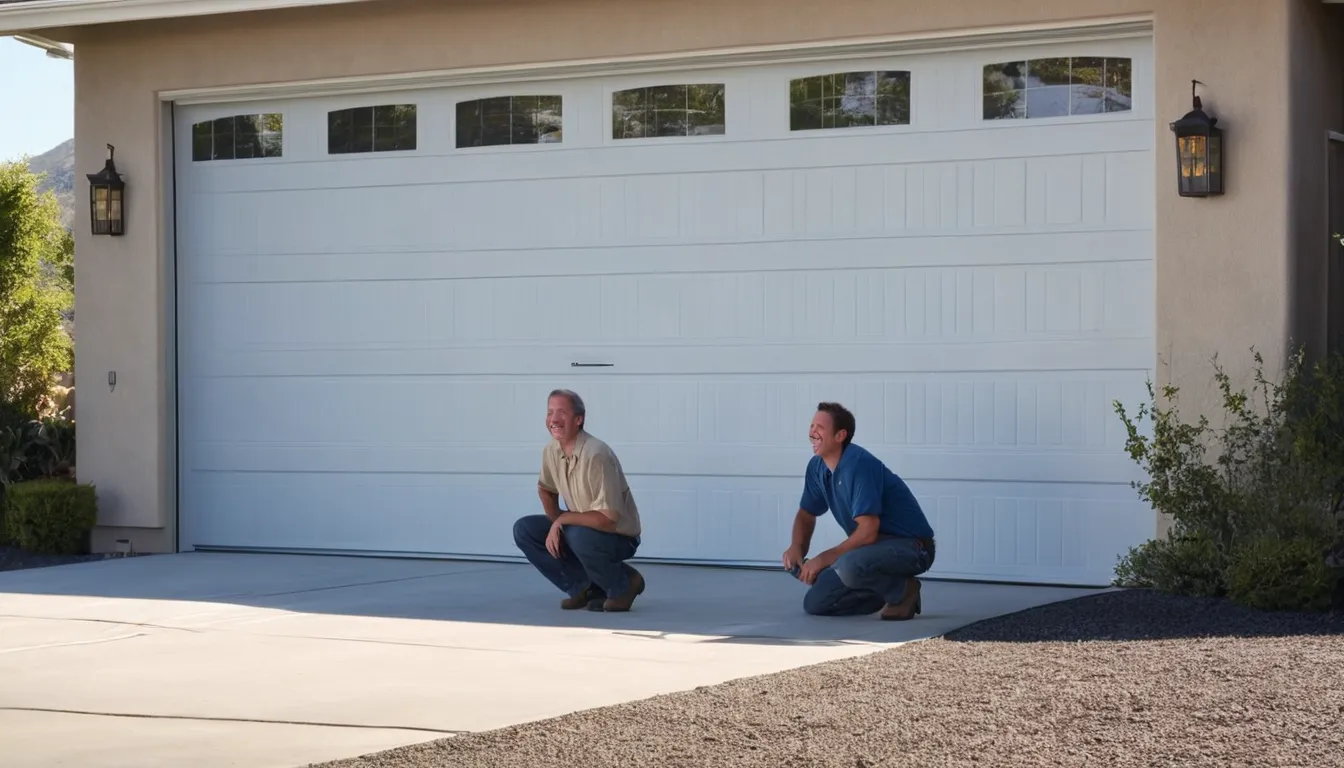 A local provider checking the tracks of a garage door at a stucco home in Diamond Bar